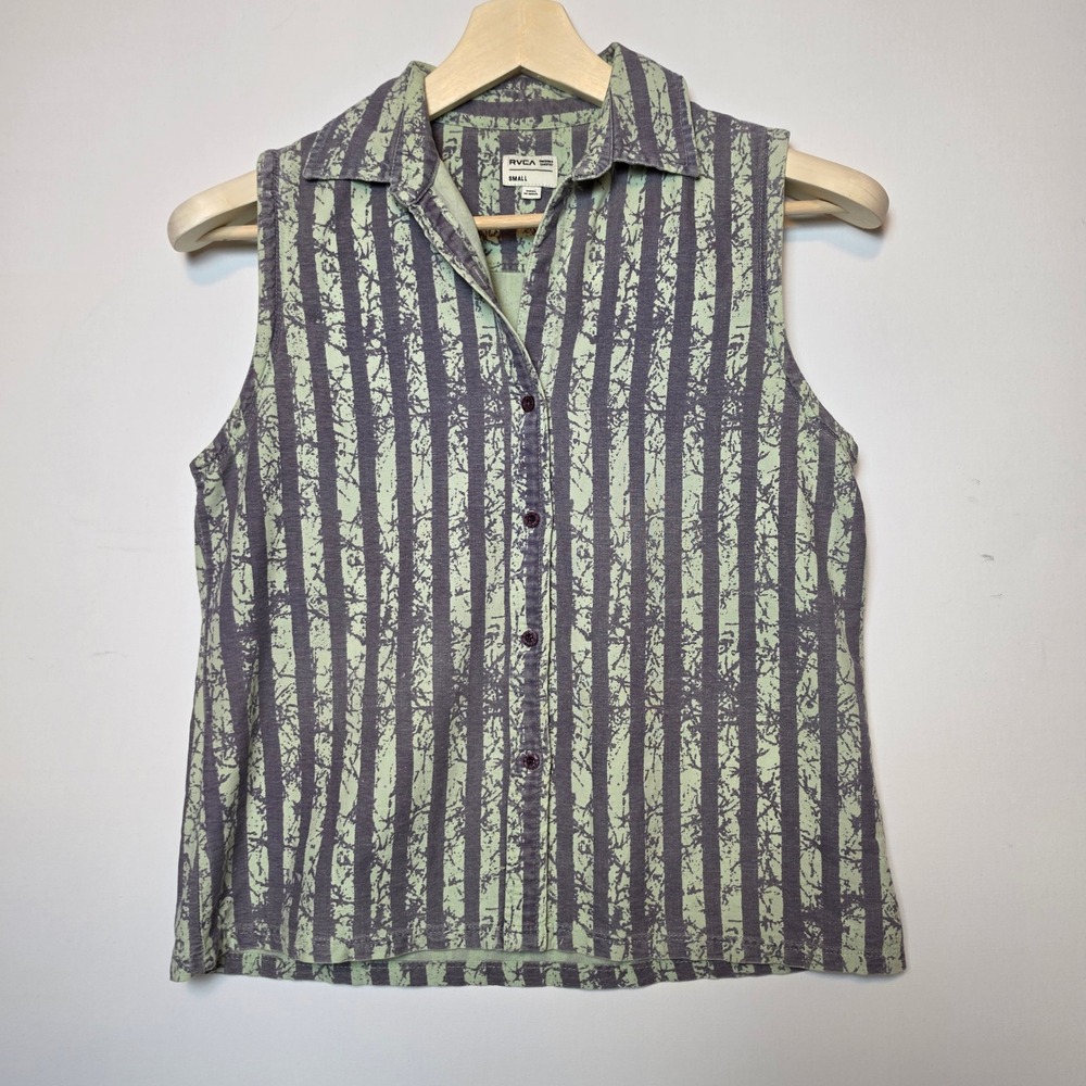 RVCA Distressed Vertical Stripe Sleeveless Button Down Shirt Green Purple Small